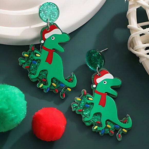 Dinosaur Acrylic Christmas Holiday Earrings NEW - Picture 1 of 2